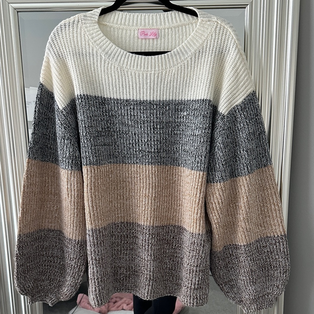 Pink Lily Women's Colorblock Sweater - Cream, Gray, and Brown